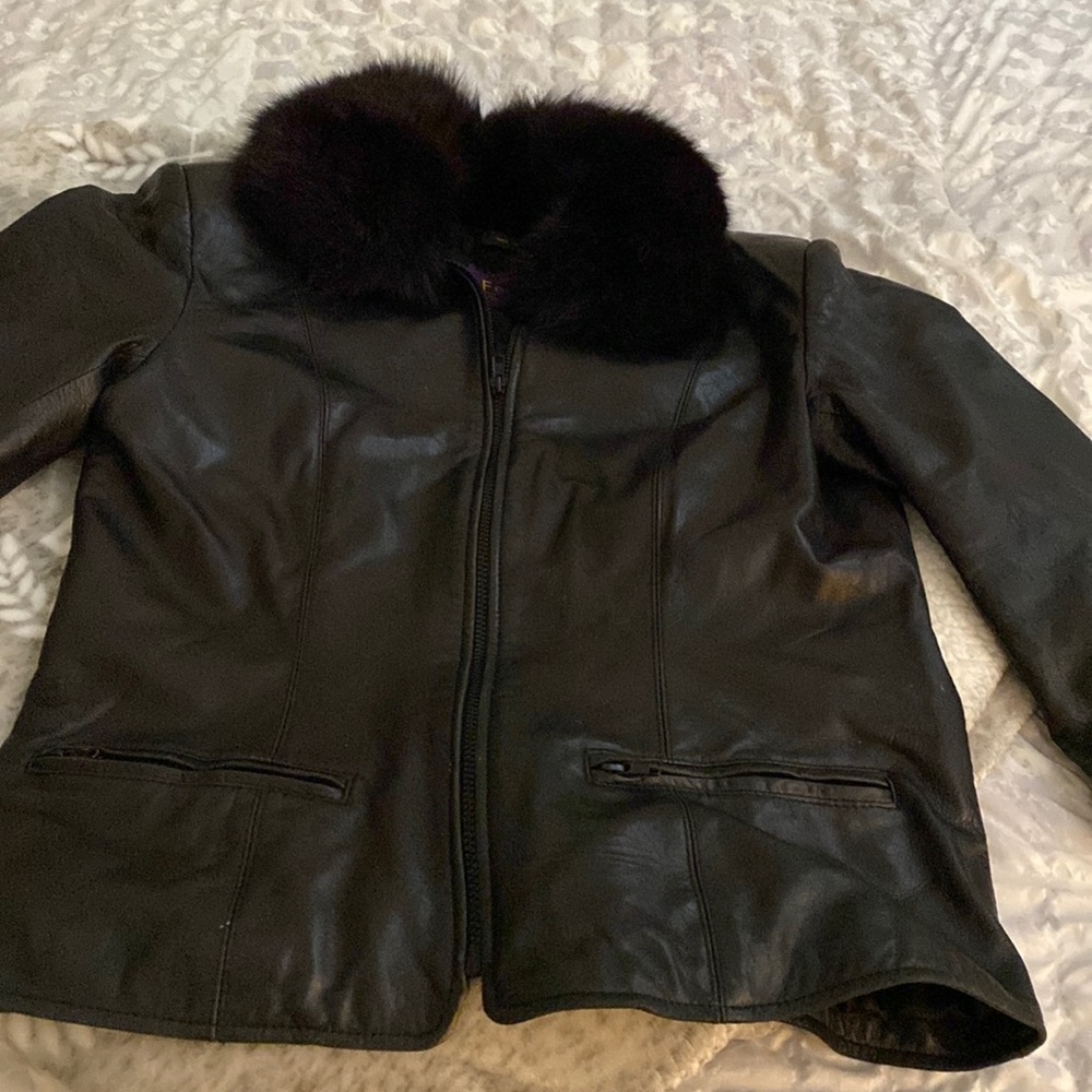 Black leather shirt coat with real fur trim collar